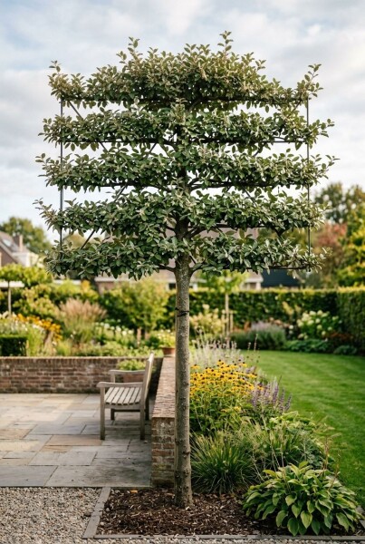 Elaeagnus ebbingei 'Compacta' arbre palissé hauteur de tronc 120 cm treillis 100 x 120 cm C45