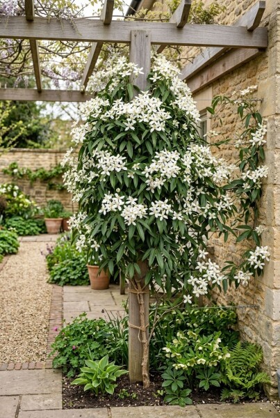 Clematis armandii 'Snowdrift' Tige