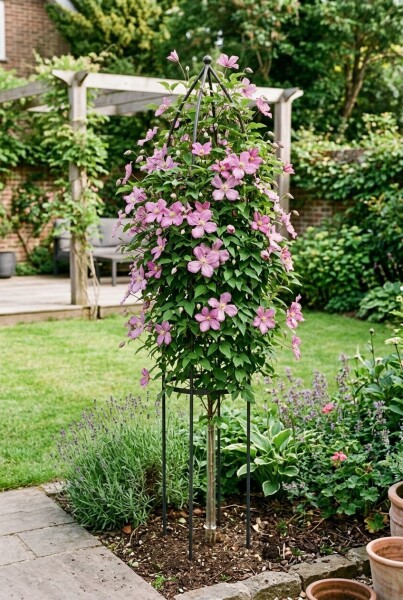 Clematis 'Bagatelle' tuteurée