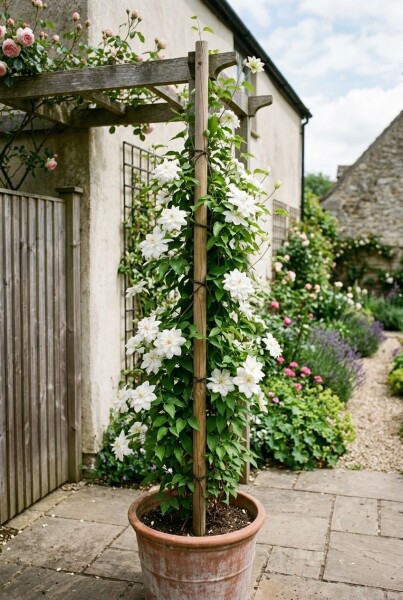 Clematis florida 'Alba Plena' sur tuteur