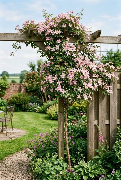Clematis montana rubens gestokt Tuteur
