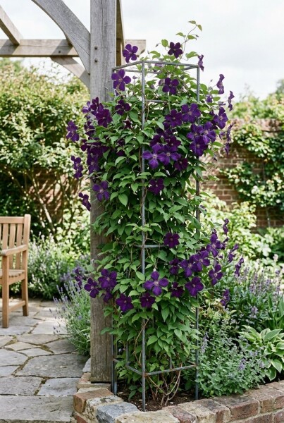 Clematis 'Polish Spirit' avec tuteur