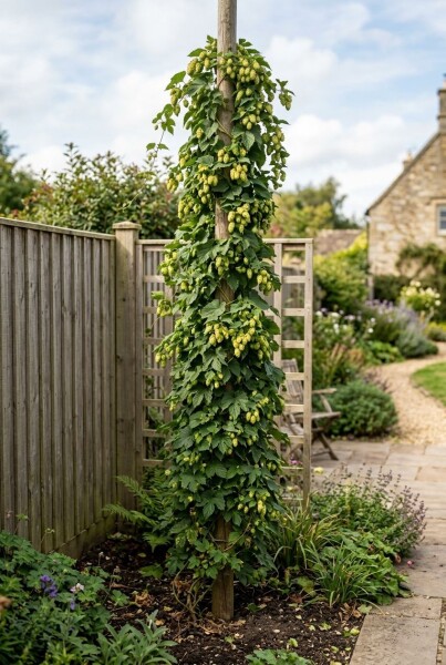 Humulus lupulus 'Pioneer' sur tuteur