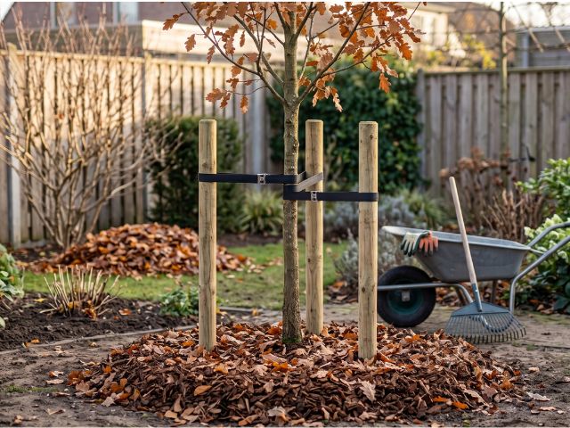 Tuteur près d’un jeune arbre